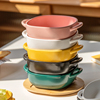 双耳烤碗微波炉烤箱陶瓷碗带竹托盘烘焙烤碗焗饭碗家用早餐甜品碗