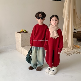 儿童毛衣冬男女童韩版纯色针织毛线衣(毛，线衣)儿童大红色毛衣兄妹装拜年服
