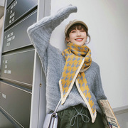 艾尤拼色千鸟格围巾，韩版女秋冬季毛线围脖，装饰保暖三角披肩
