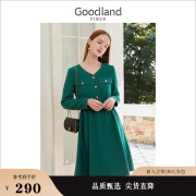 小香风Goodland美地女装冬季长袖V领修身连衣裙