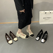 日系拼色时尚丁字带玛丽珍鞋气质浅口单鞋粗跟奶奶鞋2024年春