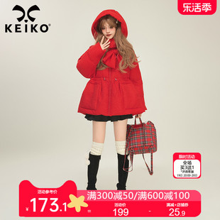 keiko红色蝴蝶结饰显瘦斗篷型棉服，加厚冬季新年系列连帽棉衣外套