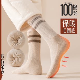 袜子女秋冬中筒袜100%纯棉防臭加厚发热保暖复古毛巾毛圈女士长袜