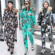 印花羽绒棉服女套装2021冬季韩版修身加厚连体棉衣棉裤两件套