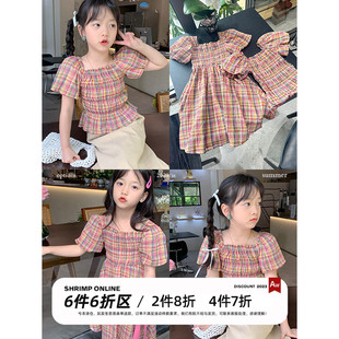 韩国夏装女童纯棉纱，小清晰打褶格子衬衫t恤上衣儿童连衣裙子