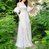 越南小众一字肩抹胸长裙，性感蕾丝网纱，高腰长款连衣裙白色礼服