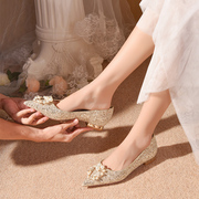 婚鞋女秀禾主婚纱两穿公主伴娘，水晶鞋低跟孕妇，鞋新娘高跟鞋不累脚