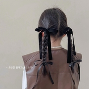 黑色高级感韩国女童蝴蝶结头饰发夹，长飘带丝绒，发圈儿童头绳发卡子