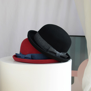 帽子女秋冬圆顶卷边小沿礼帽，英伦复古羊毛，蝴蝶结甜美可爱日系盆帽