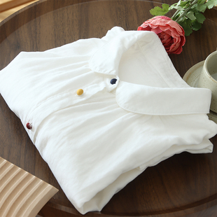 定制双层纱法式彼得，潘领文艺风彩扣白衬衫，小灯笼袖日系白衬衣