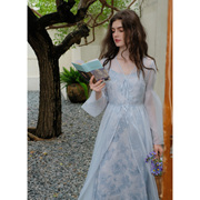 mqueen烟雨玫瑰法式浪漫印花度假吊带连衣裙雪纺，长开衫套装9358