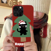 韩国ins圣诞树可爱小黑猫适用iphone15promax手机壳苹果15卡通圣诞帽子14pro趣味搞怪猫咪13全包软壳12保护套