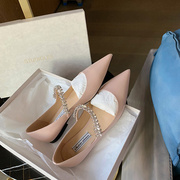 裸粉色平底单鞋女2022夏韩版尖头水钻浅口仙女风平跟软底船鞋