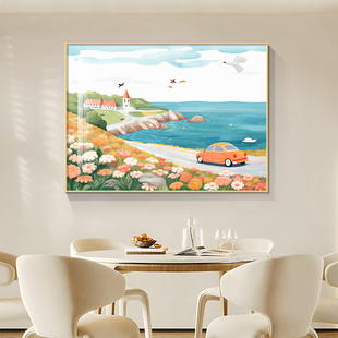 北欧海边风景装饰画田园风光，治愈系餐厅挂画横版，客厅饭厅单幅壁画