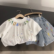 男童夏装套装时髦帅气儿童，宝宝超酷字母，圆领短袖韩版牛仔裤两件套