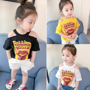 女童短袖T恤2023中小童夏装洋气韩版宝宝夏季蝙蝠袖露肩上衣