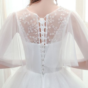 主婚纱礼服2021韩版新娘一字肩孕妇修身显瘦森系蕾丝V领齐地