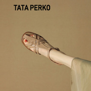 tataperko联名女鞋2023夏季复古镂空包头凉鞋，女粗跟休闲白色