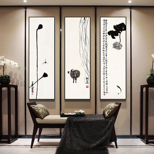新中式客厅装饰画齐白石竖版四联壁画禅意水墨沙发背景墙现代挂画