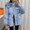 毛领蓝色羽绒服女2021冬季韩版设计感小众大口袋抽绳收腰外套