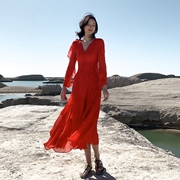 红色海南三亚海边度假沙滩裙荷叶边旅游沙漠拍照长裙雪纺连衣裙仙