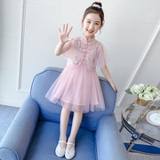 女童中国风刺绣盘扣汉服套装2023夏季女宝宝古风连衣裙两件套