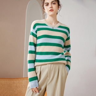 时尚减龄 ~秋冬100%纯山羊绒女圆领绿色条纹套头慵懒风针织衫
