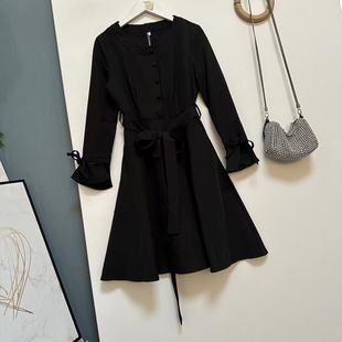 春秋黑色极简风喇叭袖中长款小个子收腰显瘦气质连衣裙0113