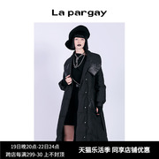 lapargay纳帕佳2023秋冬女装，黑色上衣拼皮大翻领长款羽绒服