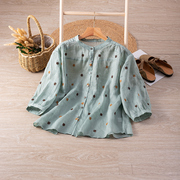 日系蓝绿色宽松衬衫女苎麻刺绣休闲设计感衬衣圆领七分袖上衣春夏