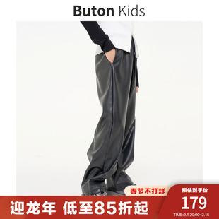 Buton Kids女童PU皮加绒皮裤2023秋冬款弹力腰直筒裤儿童长裤加厚