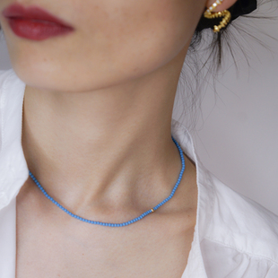 Sasia蓝色项链松石金豆14K包金细锁骨链串珠小众设计师优雅欧美风