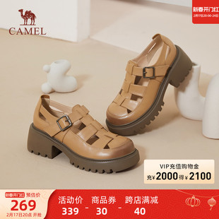 骆驼女鞋2023夏季罗马凉鞋女士真皮包头粗跟厚底镂空猪笼鞋