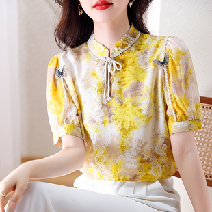 新中式黄色花卉雪纺上衣2024国风刺绣复古碎花短袖衬衫女夏季