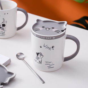 马克杯卡通猫咪陶瓷情侣，杯子男生女生水杯，咖啡杯带盖勺早餐牛奶杯