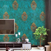 欧式古典墙纸 精雕深压纹无纺布 孔雀绿大花纹 客厅 电视机背景墙