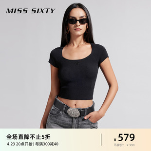 Miss Sixty2024夏季针织衫女套头方领修身显瘦辣妹风含桑蚕丝