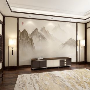 新中式电视背景墙壁纸现代水墨山水壁画客厅沙发卧室书房影视墙布