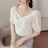 韩国雪纺衬衫女白色，夏季洋气宽松网纱泡泡袖，衬衣气质套头v领上衣