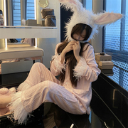 可拆卸鸵鸟毛粉色(毛粉色)格纹睡衣套装女秋季洋气高级感减龄两件套潮
