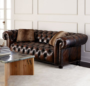 美式油蜡皮沙发法式沙发欧式客厅复古沙发棕色拉扣三人皮艺沙发