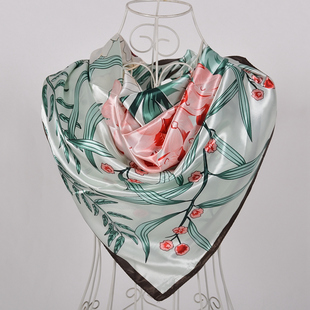 90厘米丝绸印花大方巾，女士田园花卉缎面方形装饰丝巾围巾