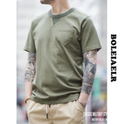 boleiaelr夏季美式复古重磅，纯棉透气军绿t恤男口袋短袖打底衫