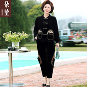 妈妈春秋季金丝绒套装中年女中国风上衣服中老年加肥加大码两件套