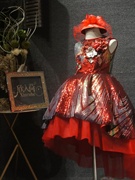 儿童礼服大红色前短后长亮片，女童主持钢琴，表演走秀国庆演出礼服