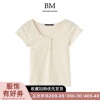 BM Fashion 夏季小清新纯欲圆领三粒扣碎花短袖bm纯棉修身T恤上衣