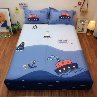 全棉单件床笠式床单海洋地中海蓝色，男孩1.2m床罩儿童床套卡通纯棉