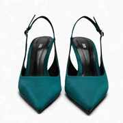 高跟凉鞋女2023年夏季新欧美绿色法式包头搭扣尖头黑色细跟单鞋女
