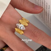 accloop大颗椭圆钻开口戒指超闪锆石拉丝，高级感钛钢，镀18k金指环(金指环)