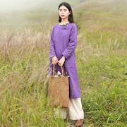 中式棉袍长款加厚棉麻，原创品牌连衣裙中国民族，风夹棉加绒袍子女装